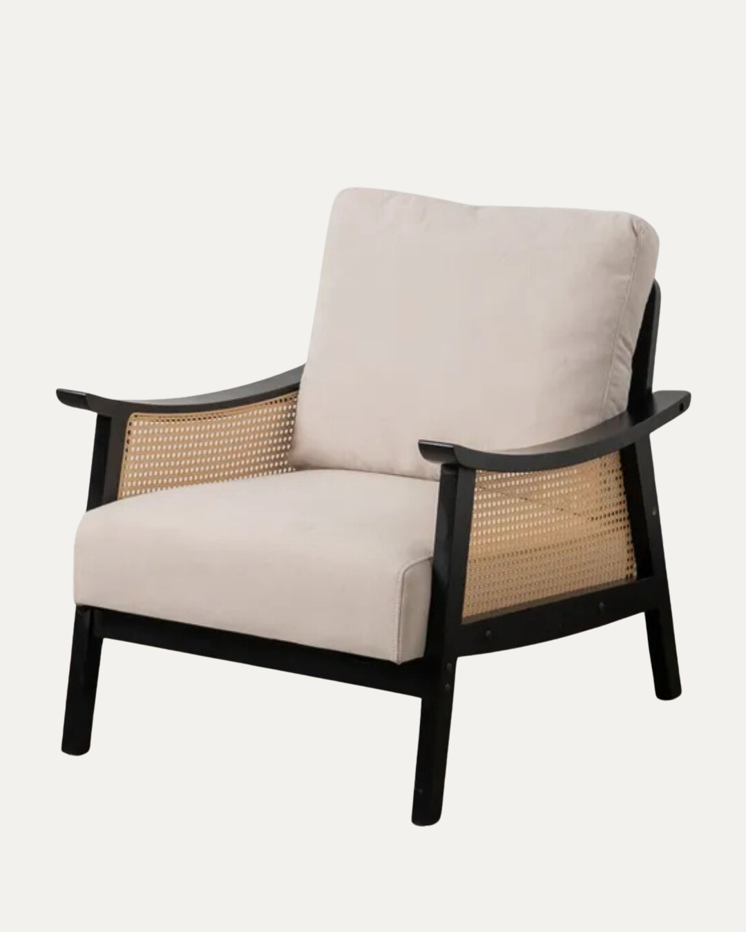 Black and White Armchair with Rattan Arms