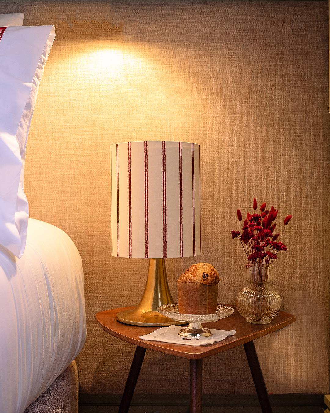 Burano Table Lamp, Gold with Burgundy Stripes